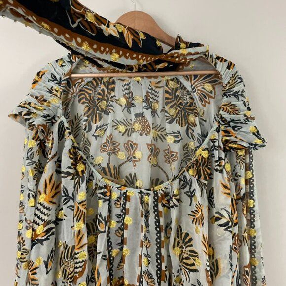 Farm Rio Silver Metallic Floral Beehive Tapestry Long Sleeve Blouse Size Large - Picture 5 of 8
